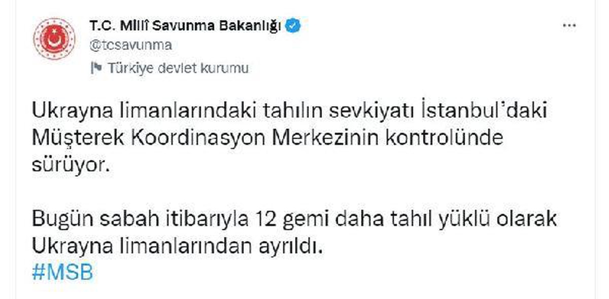 MSB: Tahıl yüklü 12 gemi daha Ukrayna\'dan ayrıldı