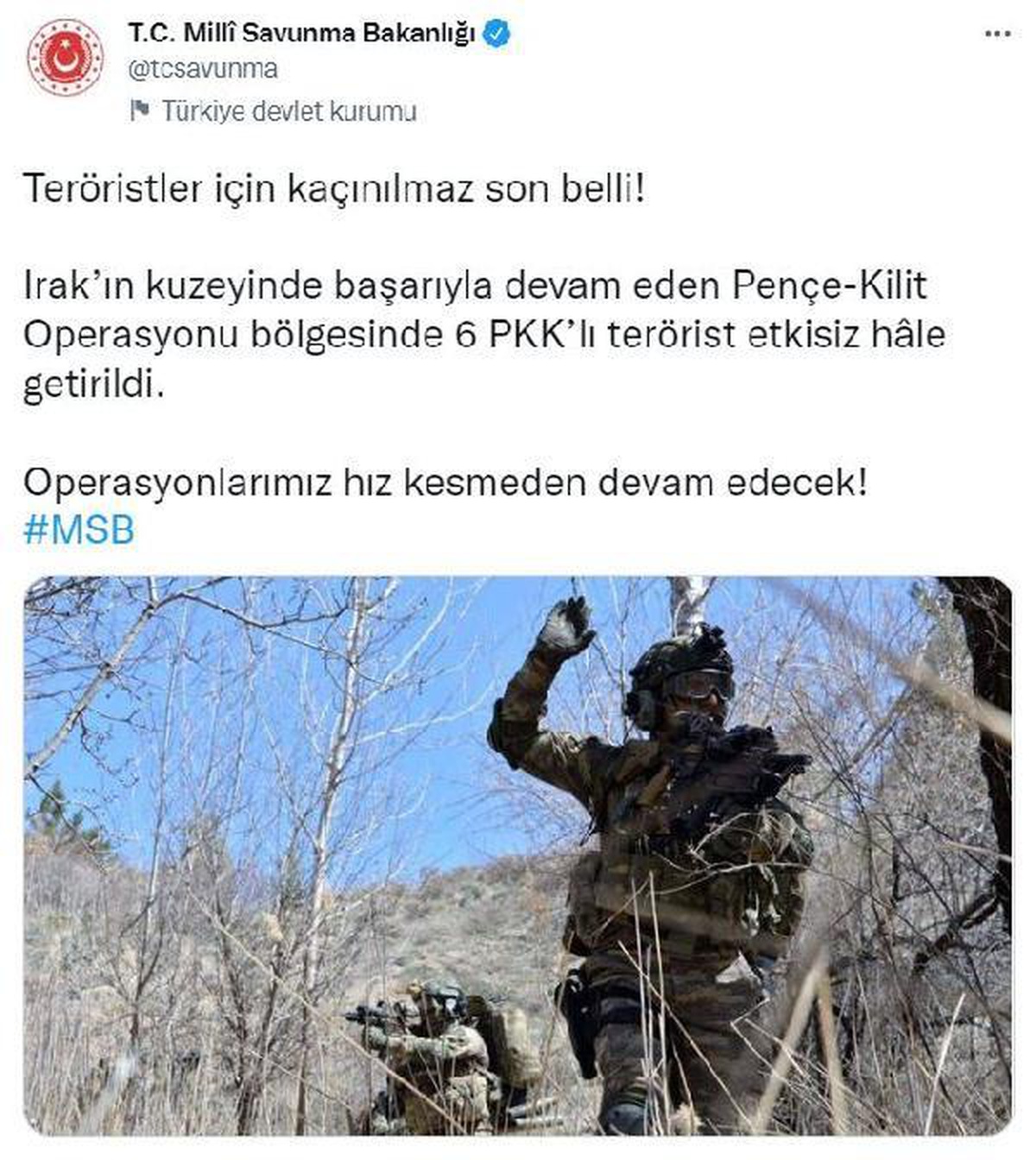 Pençe-Kilit Operasyonu bölgesinde 6 PKK\'lı terörist etkisiz hale getirildi