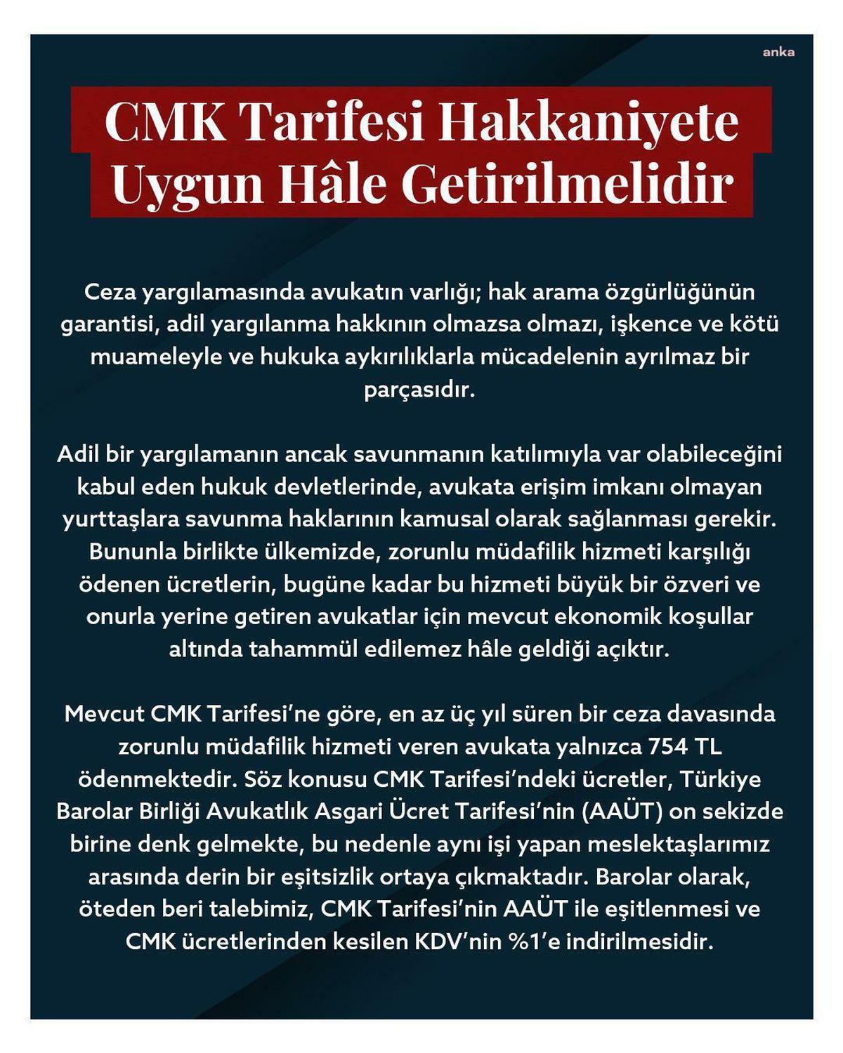 Ortak açıklama yapan 81 ilin baro başkanı CMK ücret tarifesinin artırılmasını istedi