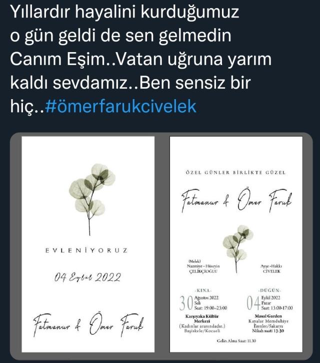 Şehidi nişanlısı düğün davetiyesi paylaşımıyla yürekleri dağladı: O gün geldi de sen gelemedin Şehidi nişanlısı düğün davetiyesi paylaşımıyla yürekleri dağladı: O gün geldi de sen gelemedin
