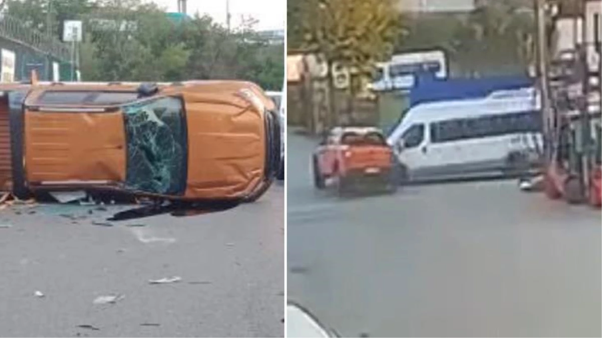 Ümraniye\'de minibüsün çarptığı kamyonet takla atarak park halindeki başka araca çarptı