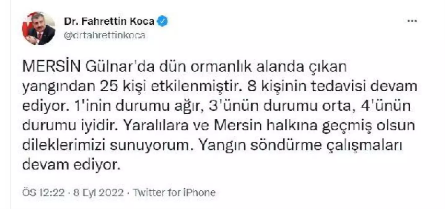 Bakan Koca: Mersin\'de 25 kişi yangından etkilendi, 1\'inin durumu ağır