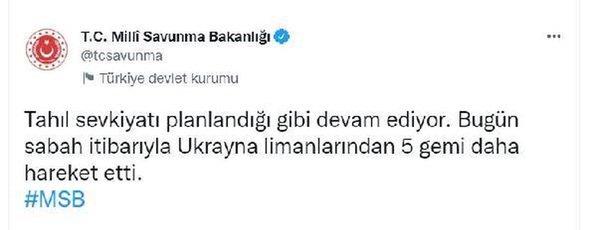 MSB: Tahıl yüklü 5 gemi daha Ukrayna\'dan hareket etti