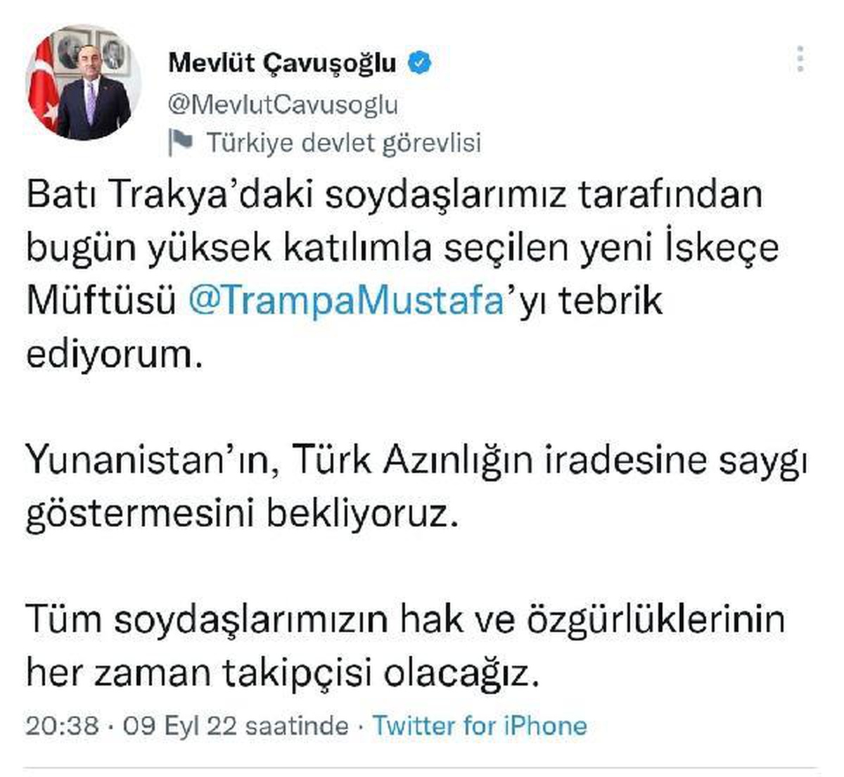 Dışişleri Bakanlığı\'ndan yeni İskeçe Müftüsüne tebrik (2)