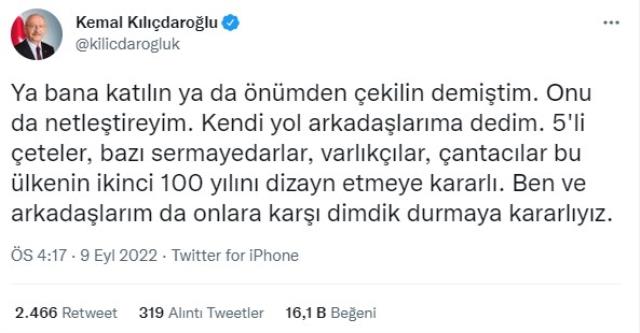 Kılıçdaroğlu, 'Ya bana katılın ya da önemden çekilin' çağrısına açıklık getirdi: Gidenlere de uğurlar ola Kılıçdaroğlu, 'Ya bana katılın ya da önemden çekilin' çağrısına açıklık getirdi: Gidenlere de uğurlar ola