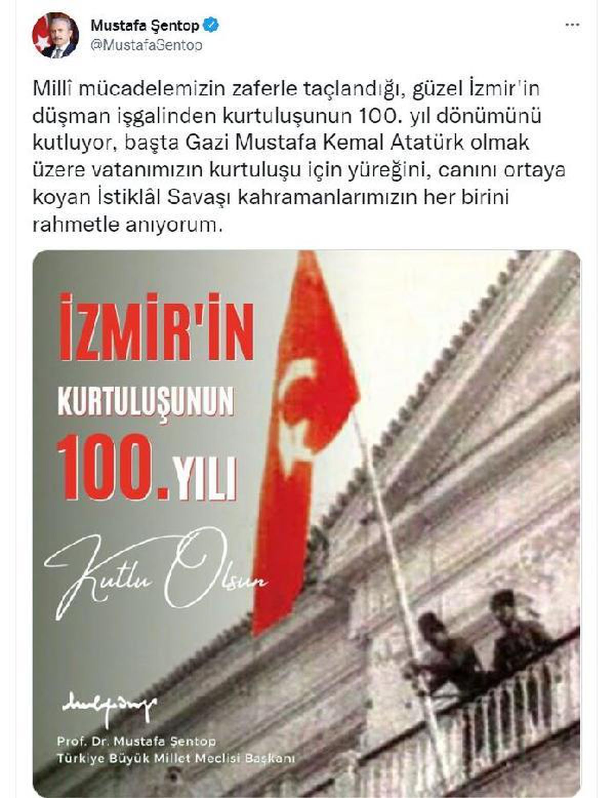 İzmir haber... Meclis Başkanı Şentop, İzmir\'in kurtuluşunun 100\'üncü yılını kutladı