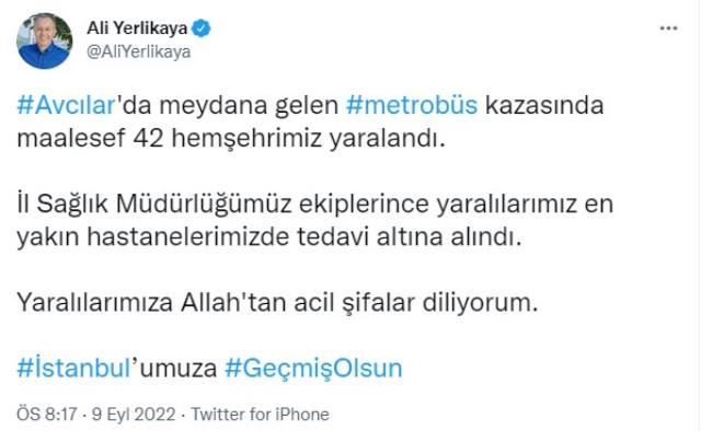 Son Dakika: İstanbul Valisi Ali Yerlikaya'dan Avcılar'daki metrobüs kazasına ilişkin ilk açıklama: 42 hemşehrimiz yaralandı Son Dakika: İstanbul Valisi Ali Yerlikaya'dan Avcılar'daki metrobüs kazasına ilişkin ilk açıklama: 42 hemşehrimiz yaralandı