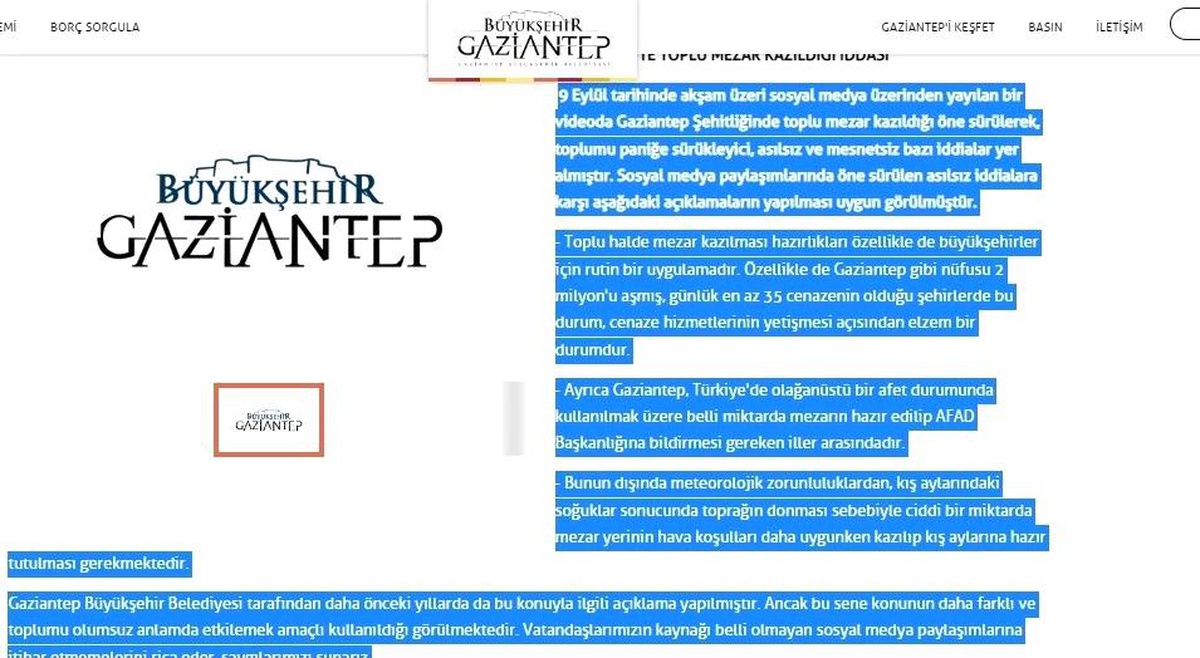 Gaziantep Büyükşehir Belediyesinden "toplu mezar kazıldığı" iddialarına ilişkin açıklama Açıklaması