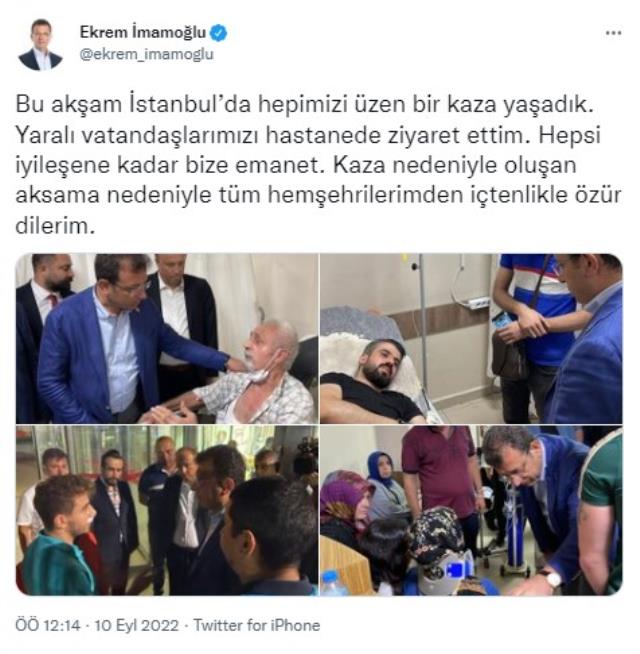 İmamoğlu metrobüs kazasıyla ilgili suskunluğunu 6 saat sonra bozdu: Yaralıları hastanede ziyaret ettim İmamoğlu metrobüs kazasıyla ilgili suskunluğunu 6 saat sonra bozdu: Yaralıları hastanede ziyaret ettim