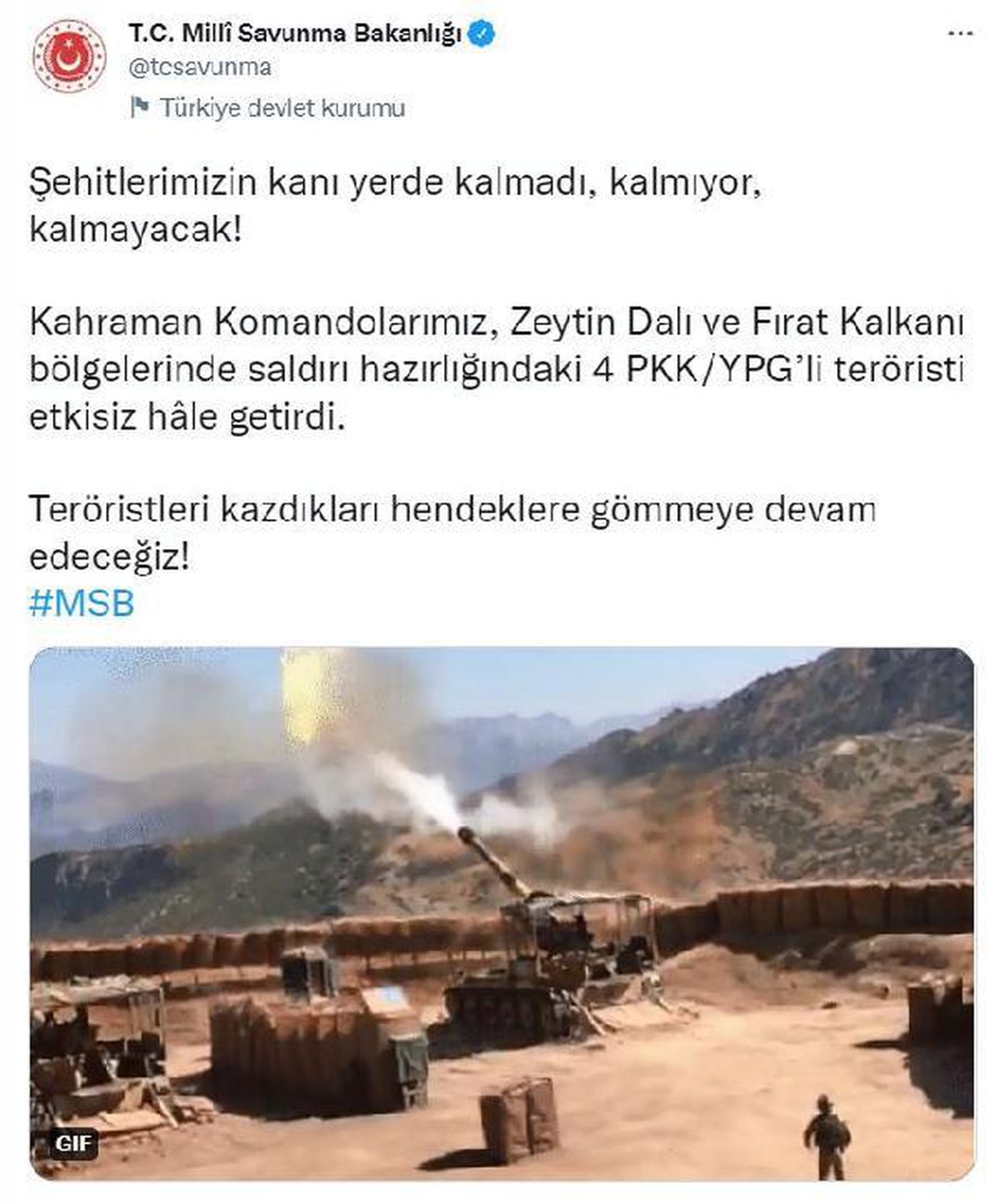 Zeytin Dalı ve Fırat Kalkanı bölgelerinde 4 PKK/YPG\'li terörist etkisiz hale getirildi