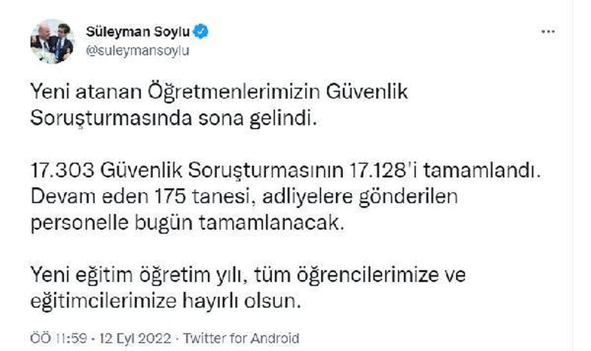 Bakan Soylu: 17 bin 128 öğretmenin güvenlik soruşturması tamamlandı