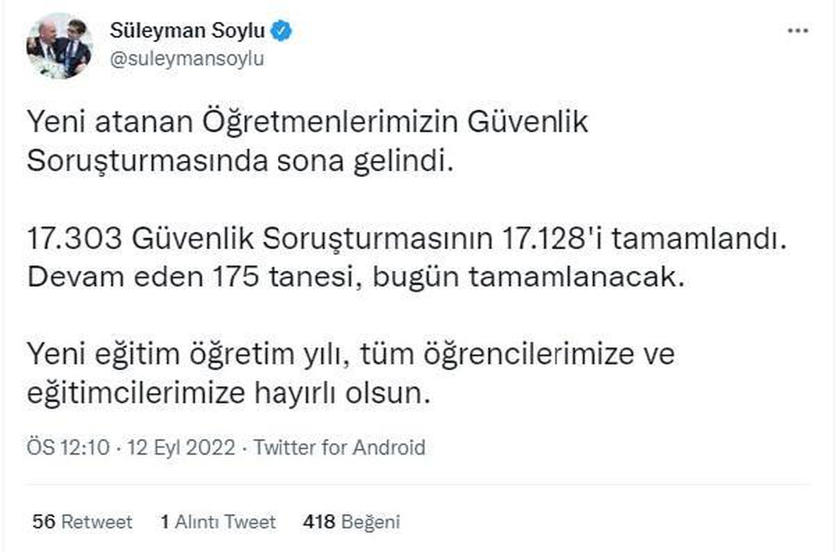Bakan Soylu: 17 bin 128 öğretmenin güvenlik soruşturması tamamlandı (2) -Yeniden