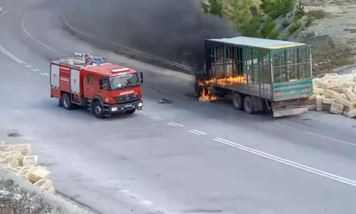 Bolu'da seyir halindeki kamyon yandı