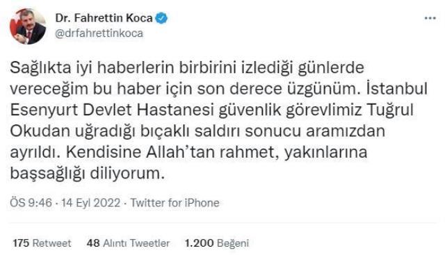 Hastanede 'Sessiz olun' uyarısı yapan güvenlik görevlisi bıçaklanarak öldürüldü! Bakan Koca'dan paylaşım gecikmedi