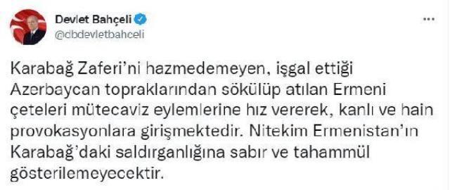 MHP lideri Devlet Bahçeli: Ermenistan'ın saldırganlığına sabır ve tahammül gösterilemeyecek