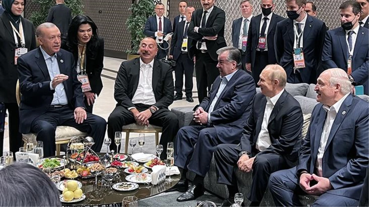 Batı\'yı sinirlendirecek görüntüler! Cumhurbaşkanı Erdoğan, Putin, Reisi, Aliyev ve diğer liderler bir araya geldi