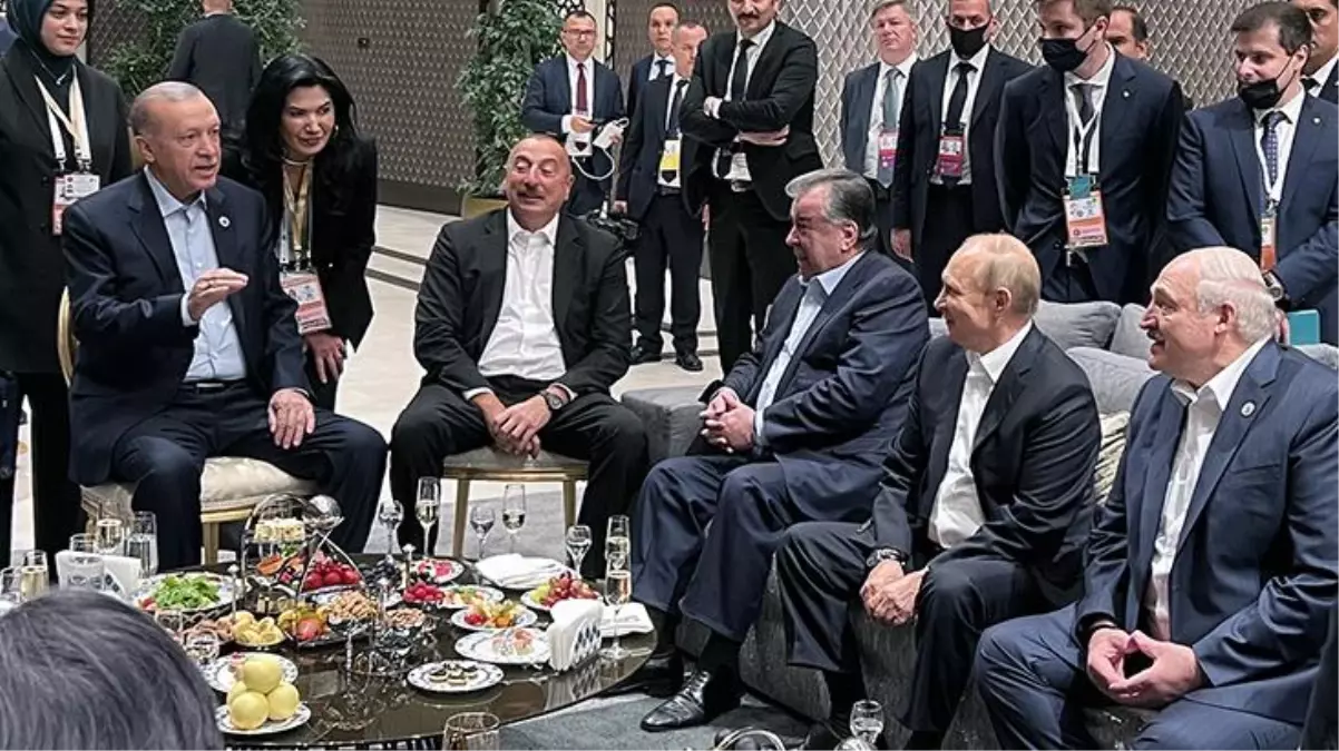 Batı\'yı sinirlendirecek görüntüler! Cumhurbaşkanı Erdoğan, Putin, Reisi, Aliyev ve diğer liderler bir araya geldi