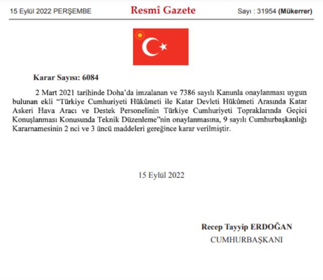 Resmi Gazete'de yayımlandı! Katar'ın askeri hava araçları ve personeli Türkiye'de konuşlanacak Resmi Gazete'de yayımlandı! Katar'ın askeri hava araçları ve personeli Türkiye'de konuşlanacak