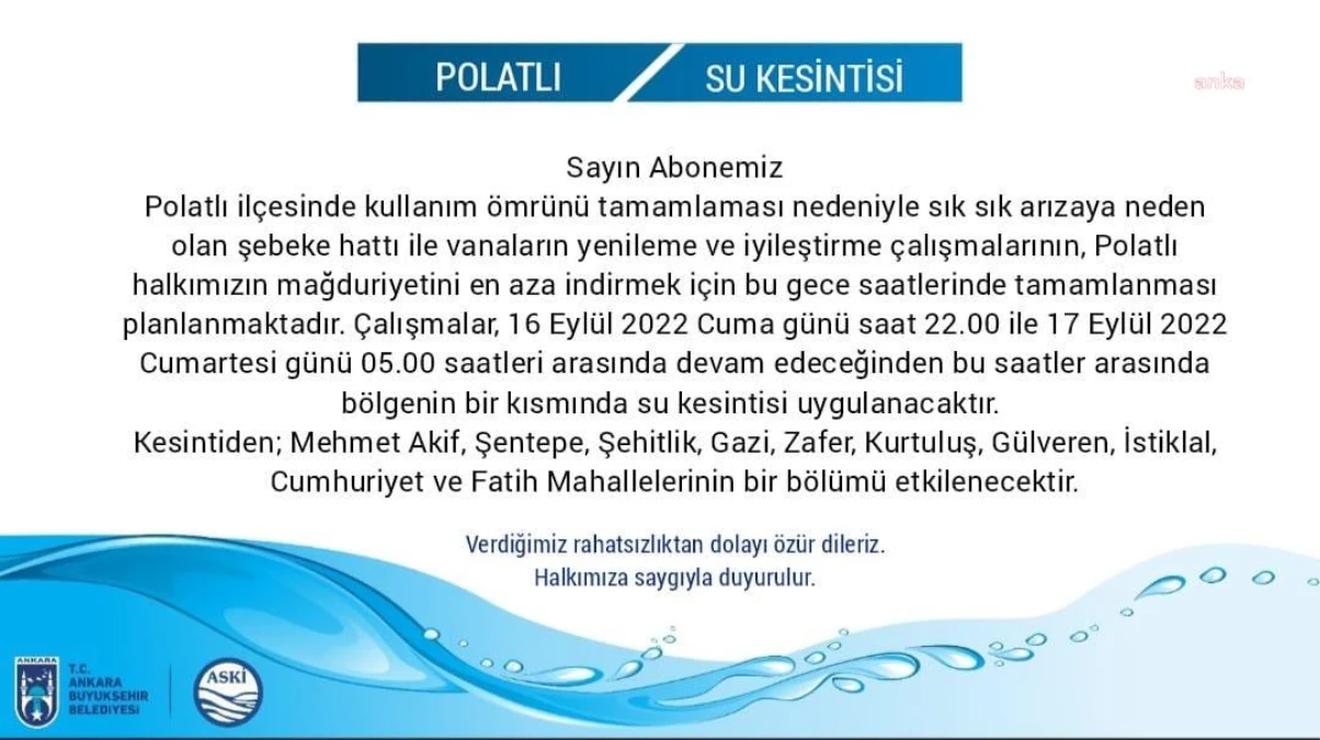 Ankara gündem haberi... Aski: Polatlı\'nın Bazı Mahallelerinde Bu Gece Su Kesintisi Yapılacak