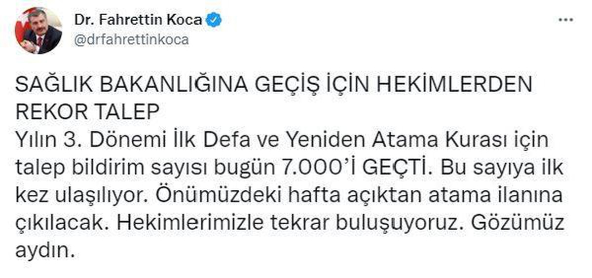 Sağlık Bakanı Koca, atama kurası için başvuran doktor sayısının 7 bini geçtiğini bildirdi