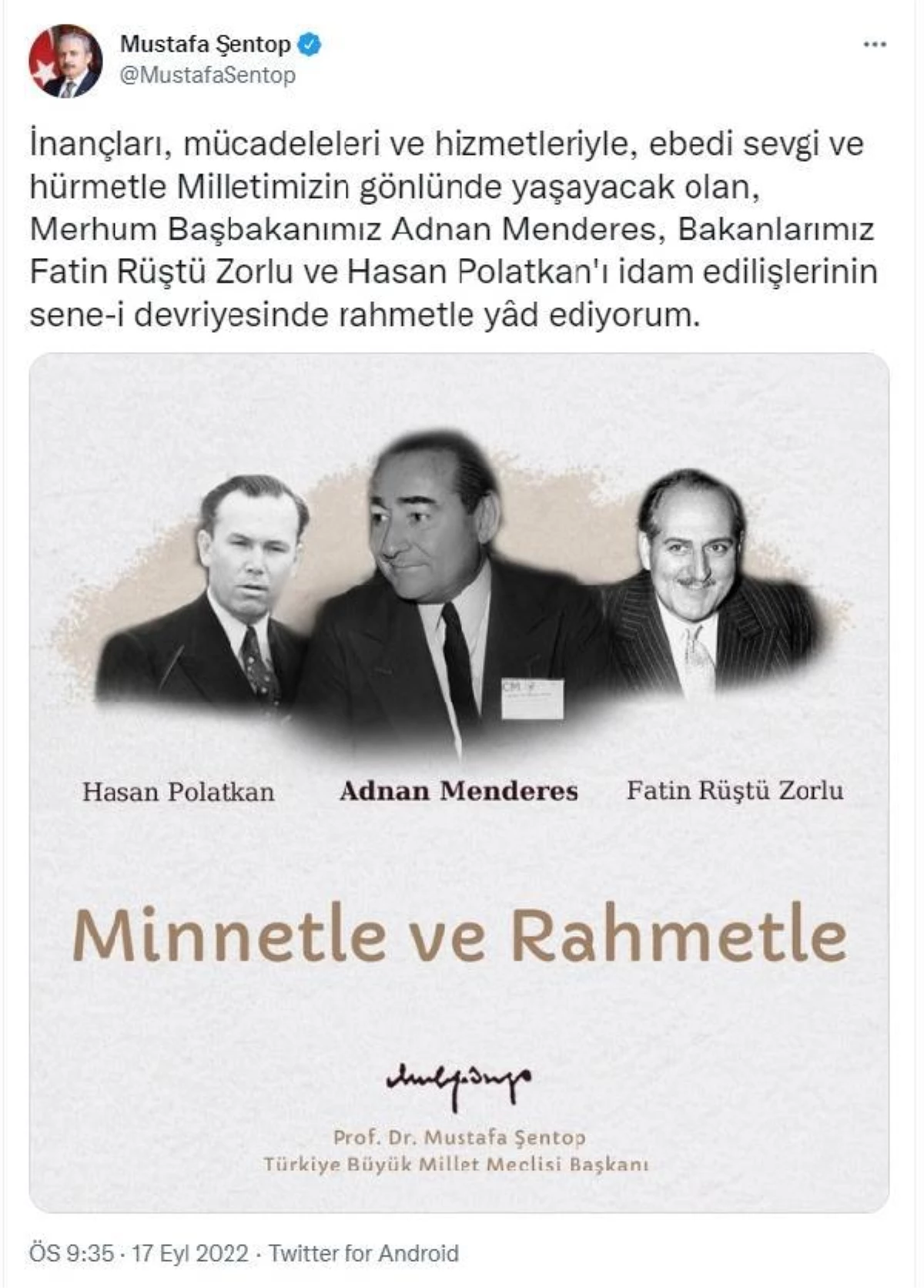 TBMM Başkanı Şentop\'tan Menderes, Zorlu ve Polatkan için anma mesajı Açıklaması
