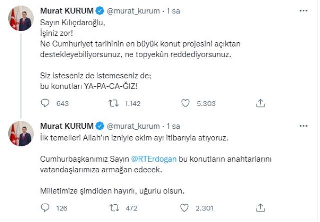 Bakan Kurum'dan Kılıçdaroğlu'nun sosyal konut projesi değerlendirmesine ilişkin açıklama Açıklaması Bakan Kurum'dan Kılıçdaroğlu'nun sosyal konut projesi değerlendirmesine ilişkin açıklama Açıklaması