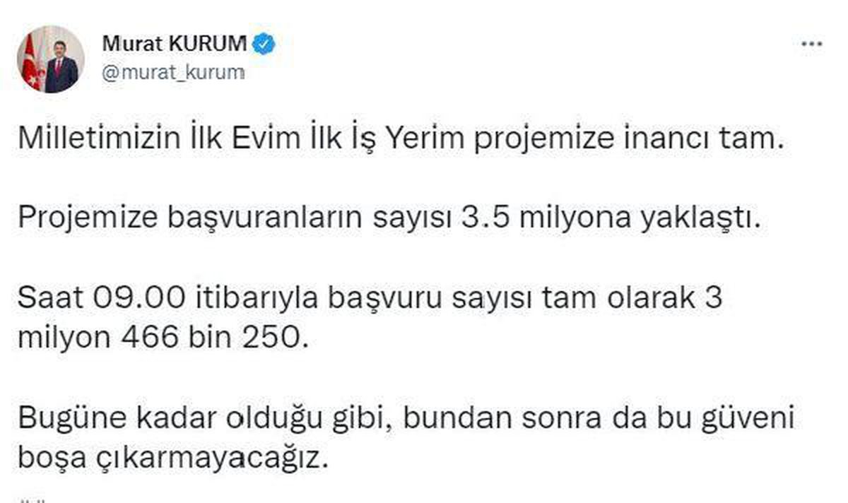 Bakan Kurum: \'İlk Evim, İlk İş Yerim\' projemize başvuranların sayısı 3,5 milyona yaklaştı