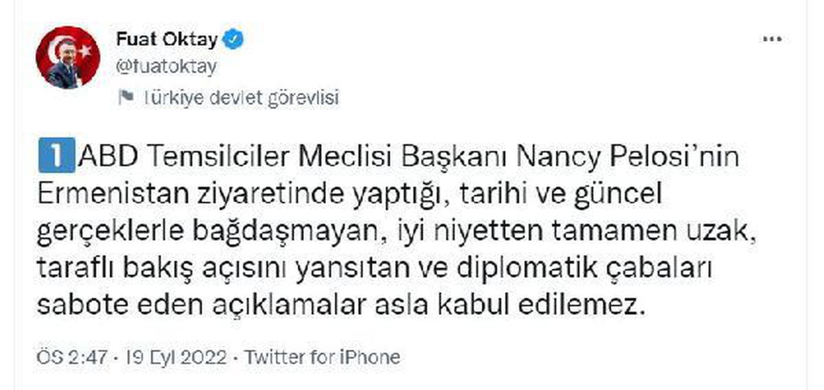 Fuat Oktay: Pelosi\'nin açıklamaları asla kabul edilemez