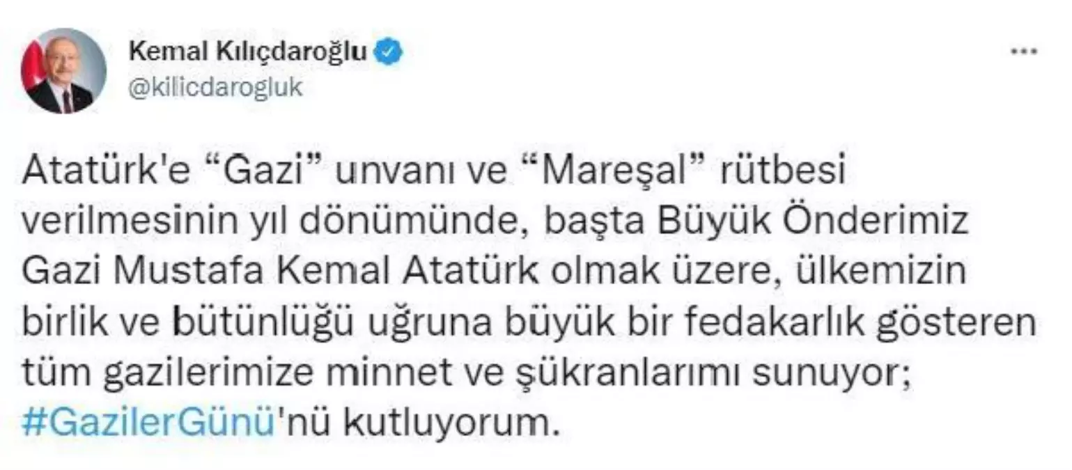 CHP Genel Başkanı Kılıçdaroğlu'ndan 19 Eylül Gaziler Günü mesajı Açıklaması
