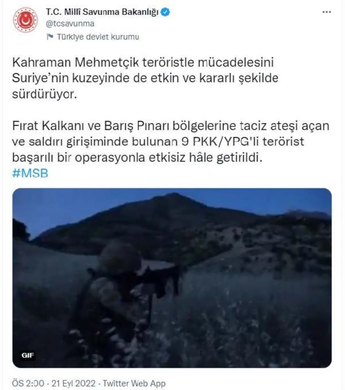 MSB: Suriye\'nin kuzeyinde 9 PKK/YPG\'li terörist etkisiz hale getirildi