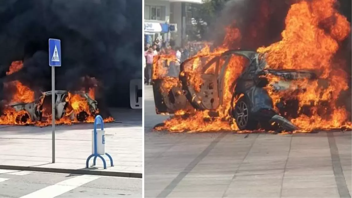 Sinir krizi geçiren şahıs haciz gelen arabasını benzin döküp yaktı