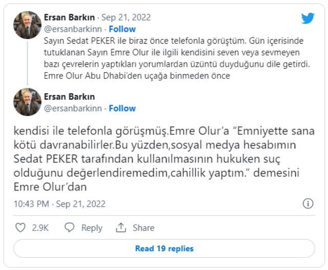 Peker'den basın danışmanı Emre Olur'un verdiği 'Tweetleri cahilliğimden attım' ifadesiyle ilgili açıklama