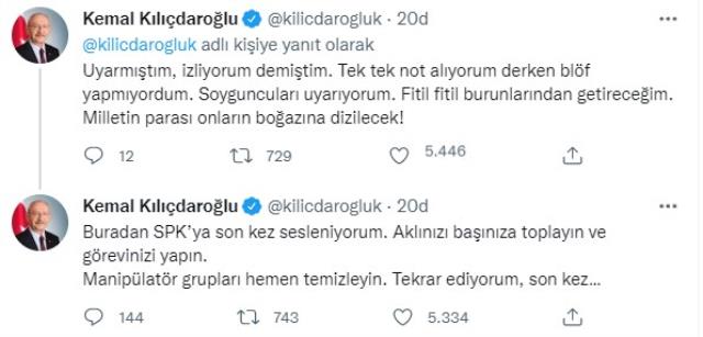 Kılıçdaroğlu'ndan SPK'ya borsadaki manipülasyon iddialarıyla ilgili çağrı: Son kez uyarıyorum Kılıçdaroğlu'ndan SPK'ya borsadaki manipülasyon iddialarıyla ilgili çağrı: Son kez uyarıyorum