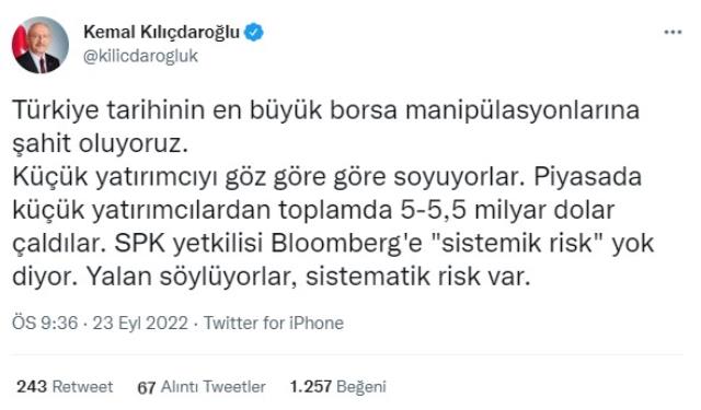 Kılıçdaroğlu'ndan SPK'ya borsadaki manipülasyon iddialarıyla ilgili çağrı: Son kez uyarıyorum Kılıçdaroğlu'ndan SPK'ya borsadaki manipülasyon iddialarıyla ilgili çağrı: Son kez uyarıyorum