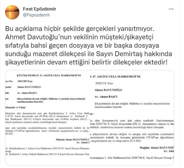 Demirtaş'ın süren davayla ilgili 'Yüreğiniz soğumadı mı?' sitemine Gelecek Partisi'nden yanıt: Davutoğlu şikayetçi olmamıştır