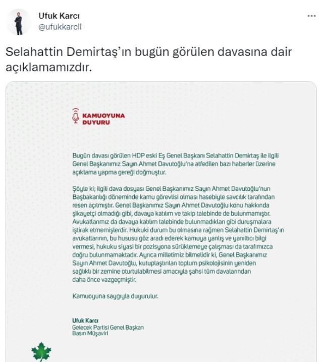 Demirtaş'ın süren davayla ilgili 'Yüreğiniz soğumadı mı?' sitemine Gelecek Partisi'nden yanıt: Davutoğlu şikayetçi olmamıştır