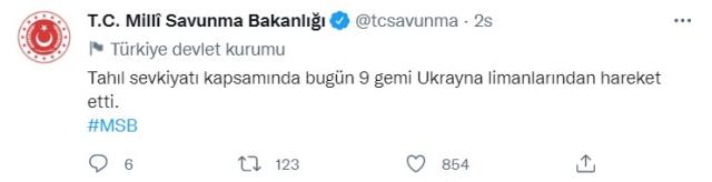 Milli Savunma Bakanlığı açıkladı: Ukrayna limanlarından 9 gemi hareket etti Milli Savunma Bakanlığı açıkladı: Ukrayna limanlarından 9 gemi hareket etti
