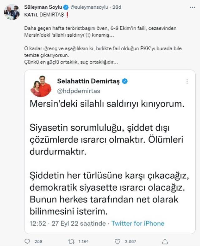 Demirtaş'tan kendisine 'Katil' diyen İçişleri Bakanı Süleyman Soylu'ya yanıt