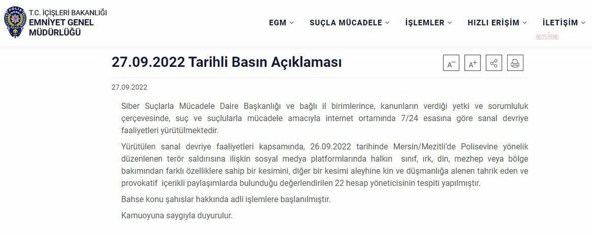 Egm: Mersin\'deki Terör Saldırısıyla İlgili Paylaşım Yapan 22 Sosyal Medya Kullanıcısı Hakkında Adli İşlem Başlatıldı