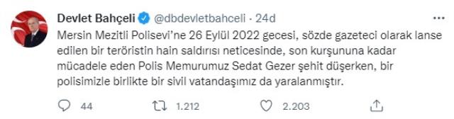 MHP lideri Bahçeli, Mersin'deki saldırı hakkında: Teröristleri aklamaya çalışan kim varsa kaybedecek MHP lideri Bahçeli, Mersin'deki saldırı hakkında: Teröristleri aklamaya çalışan kim varsa kaybedecek