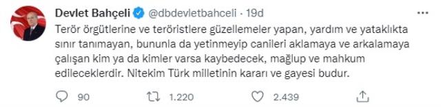 MHP lideri Bahçeli, Mersin'deki saldırı hakkında: Teröristleri aklamaya çalışan kim varsa kaybedecek MHP lideri Bahçeli, Mersin'deki saldırı hakkında: Teröristleri aklamaya çalışan kim varsa kaybedecek