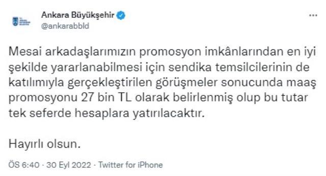 Ankara Büyükşehir Belediyesi çalışanlarına 27 bin TL promosyon verilecek