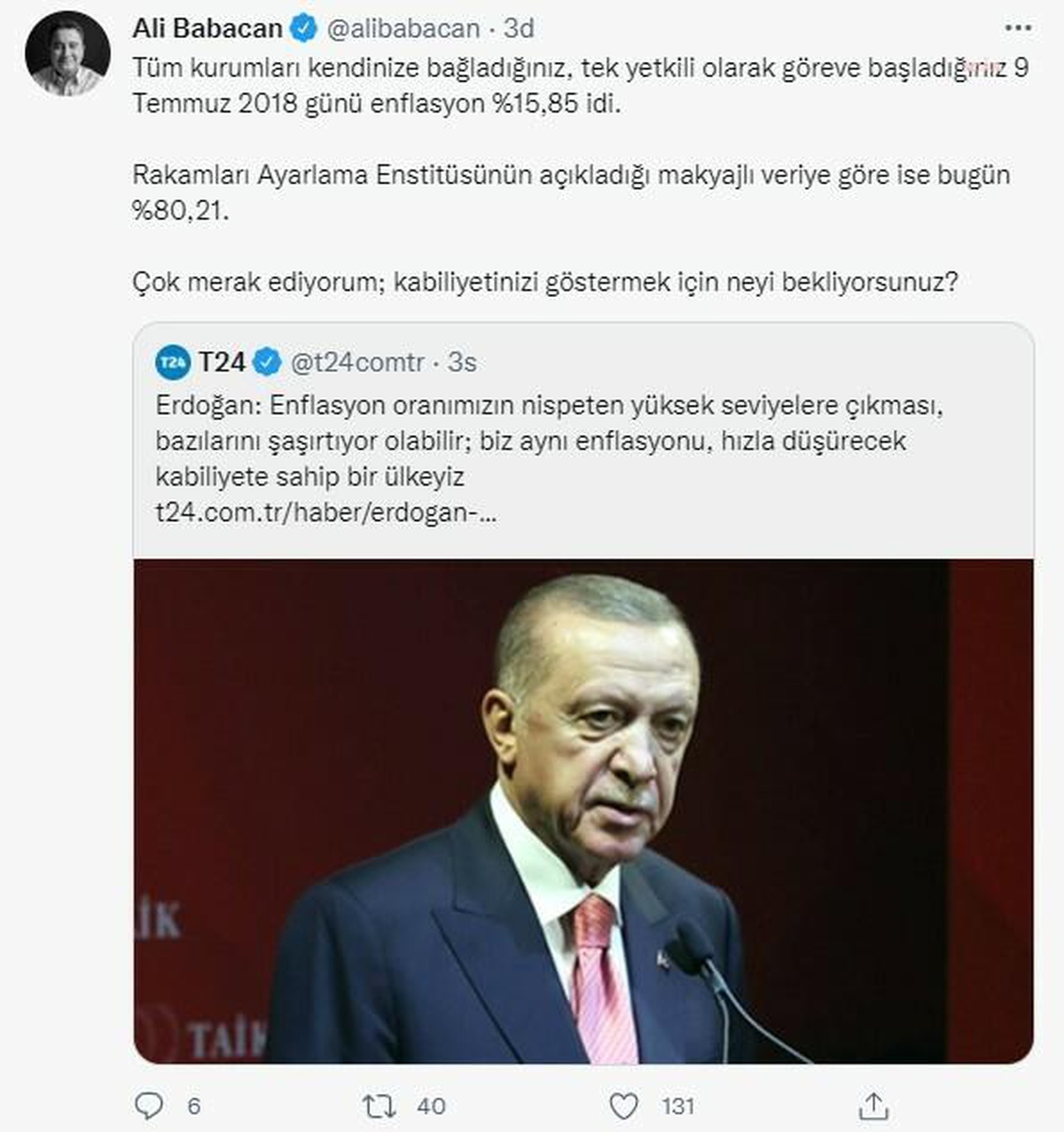 Babacan\'dan Cumhurbaşkanı Erdoğan\'a \'Enflasyon\' Tepkisi: "Çok Merak Ediyorum; Kabiliyetinizi Göstermek İçin Neyi Bekliyorsunu?"
