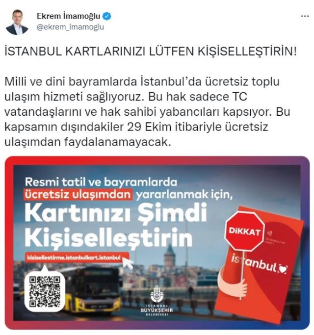 İmamoğlu'ndan İstanbulkart sahiplerine uyarı: Bunu yapmayan ücretsiz ulaşımdan faydalanamayacak İmamoğlu'ndan İstanbulkart sahiplerine uyarı: Bunu yapmayan ücretsiz ulaşımdan faydalanamayacak