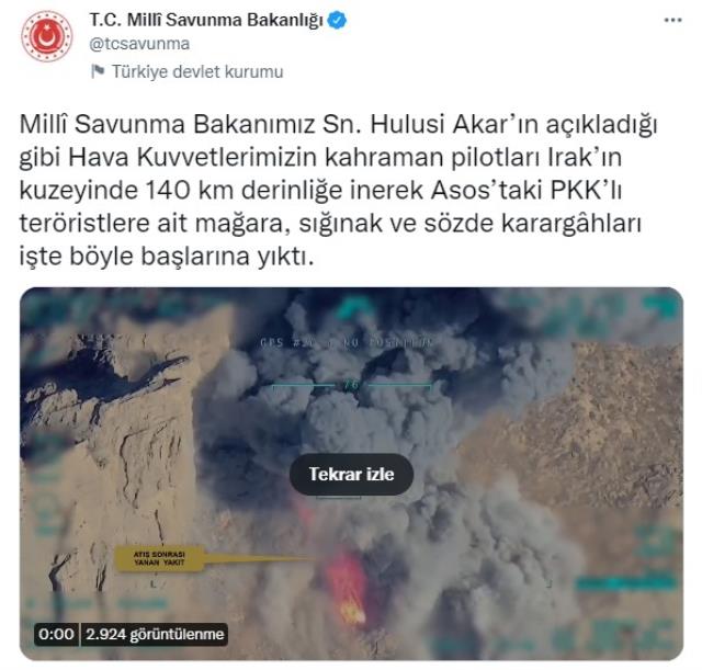 Milli Savunma Bakanlığı Asos operasyonunun görüntülerini paylaştı! Teröristlerin inleri başlarına böyle yıkıldı