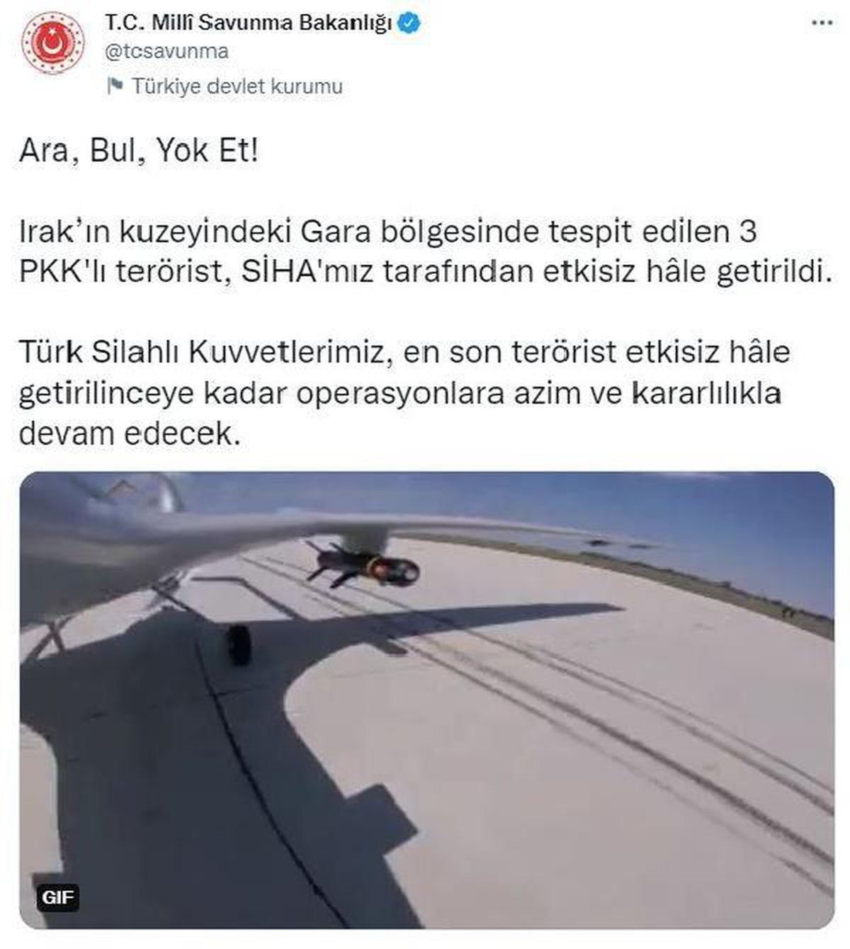 MSB: Irak\'ın kuzeyinde 3 PKK\'lı terörist SİHA ile etkisiz hale getirildi