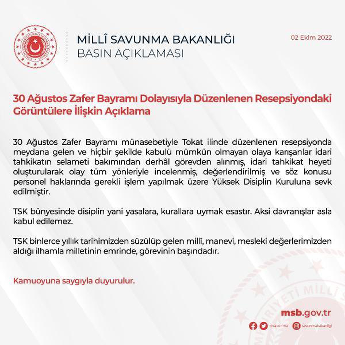 Tokat haberi: MSB\'den Tokat\'taki resepsiyona ilişkin açıklama