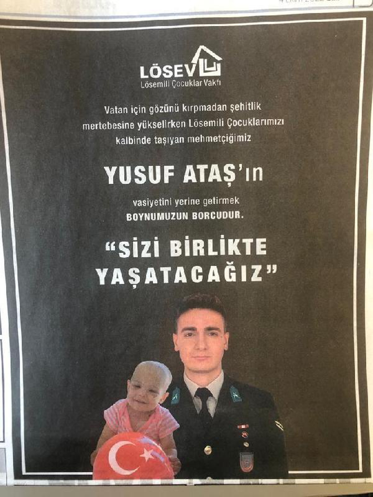 LÖSEV\'den şehit Yusuf Ataş\'ın vasiyeti için ilan: Sizi birlikte yaşatacağız