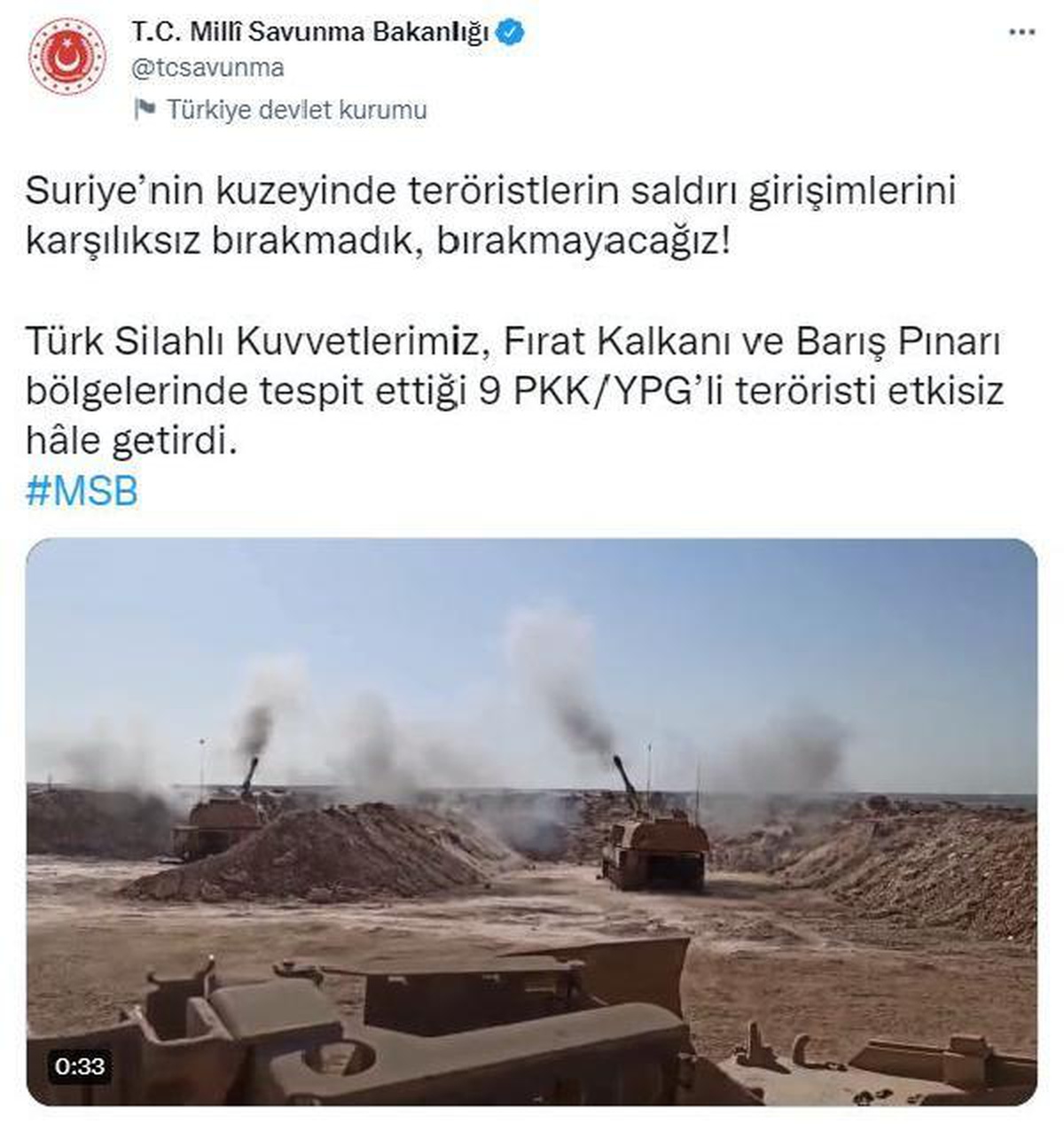 MSB: PKK/YPG\'li 9 terörist etkisiz hale getirildi