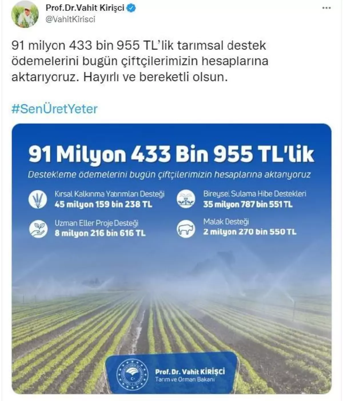 Bakan Kirişci: Tarımsal destek ödemeleri bugün hesaplara aktarılacak